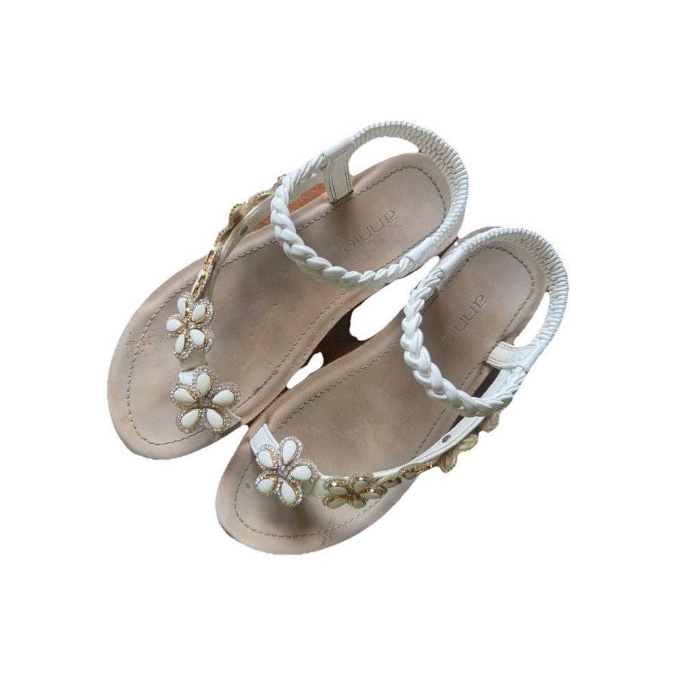 Annie White Floral Beaded Strapp Girls Sandals Synthetic Upper Slip On Casual 4M